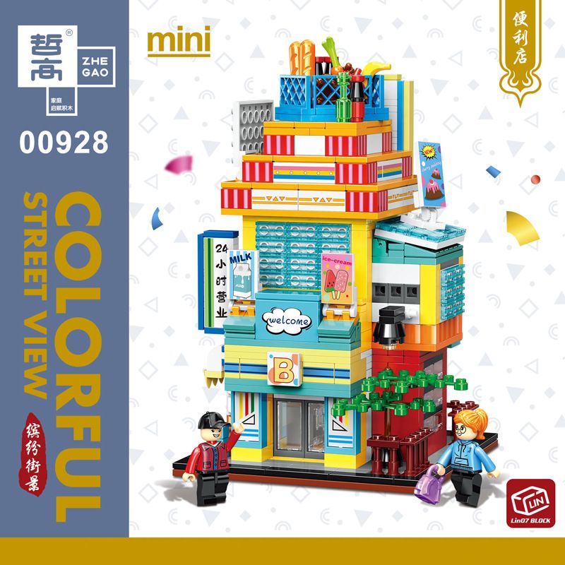 ZHEGAO 00928 00929 00930 00931 non  KHUNG CẢNH ĐƯỜNG PHỐ ĐẦY MÀU SẮC CỬA HÀNG TIỆN LỢI NHÀ RAMEN PHÒNG TRÒ CHƠI QUÁN TRÀ SỮA bộ đồ chơi xếp lắp ráp ghép mô hình Creator COLORFUL STREET VIEW Sáng Tạo 2798 khối