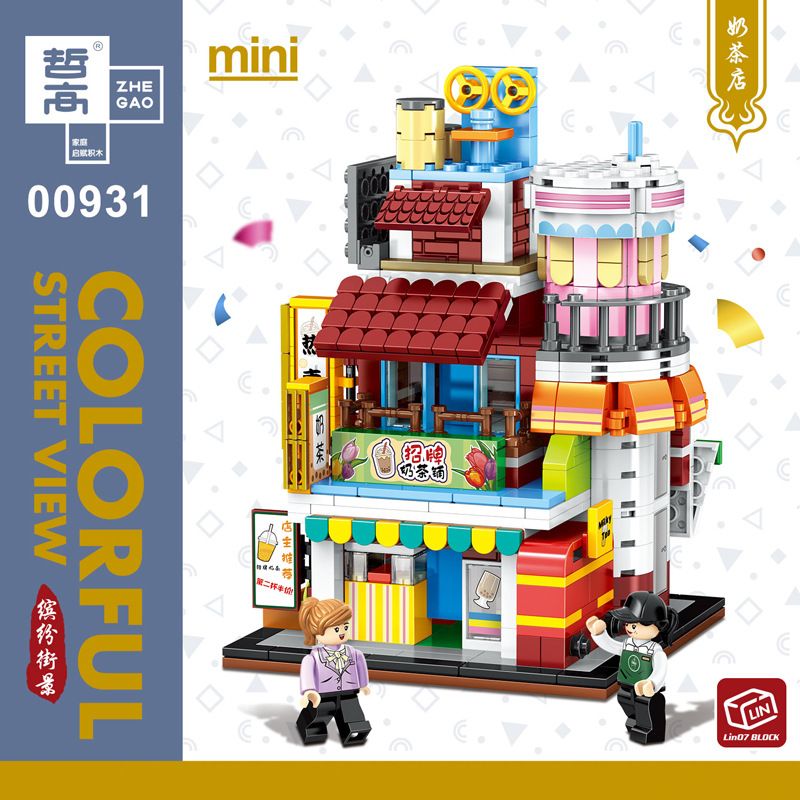 ZHEGAO 00928 00929 00930 00931 non  KHUNG CẢNH ĐƯỜNG PHỐ ĐẦY MÀU SẮC CỬA HÀNG TIỆN LỢI NHÀ RAMEN PHÒNG TRÒ CHƠI QUÁN TRÀ SỮA bộ đồ chơi xếp lắp ráp ghép mô hình Creator COLORFUL STREET VIEW Sáng Tạo 2798 khối