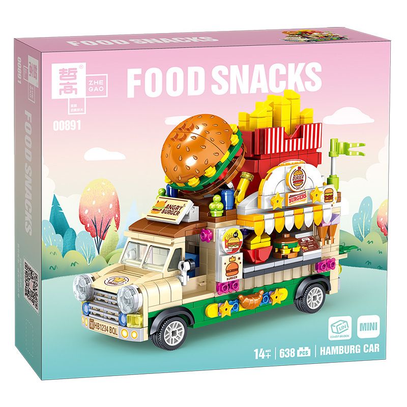 818 98284 ZHEGAO 00891 non Lego XE BÁNH MÌ KẸP THỊT bộ đồ chơi xếp lắp ráp ghép mô hình FOOD SNACKS HAMBURG CAR 638 khối