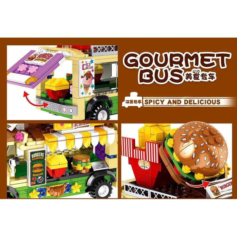 818 98284 ZHEGAO 00891 non  XE BÁNH MÌ KẸP THỊT bộ đồ chơi xếp lắp ráp ghép mô hình FOOD SNACKS HAMBURG CAR 638 khối