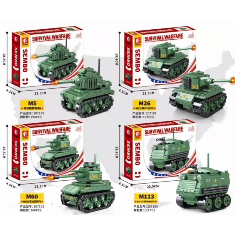 SEMBO 207101 207102 207103 207100 non  CÁC MẪU LIFE WAR 4 M5 STUART XE TĂNG M26 PERSHING CHIẾN ĐẤU CHỦ LỰC M60 BỌC THÉP CHỞ QUÂN M113 bộ đồ chơi xếp lắp ráp ghép mô hình Military Army SURVIVAL WARFARE Quân Sự Bộ Đội 708 khối