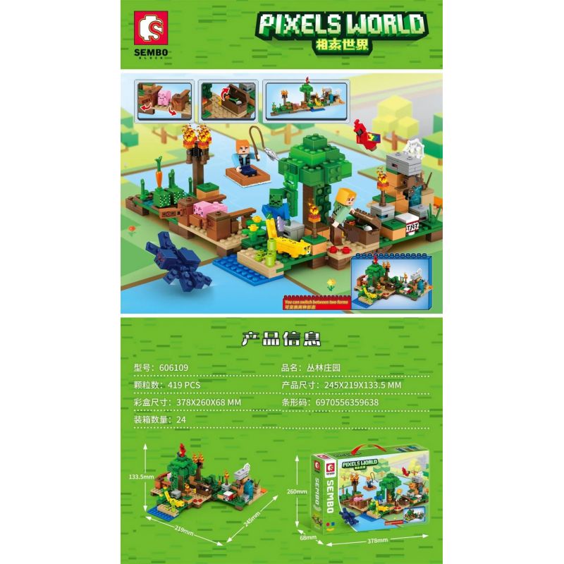 SEMBO 606109 non Lego TRANG VIÊN RỪNG RẬM bộ đồ chơi xếp lắp ráp ghép mô hình Minecraft PIXELS WORLD Game Xây Dựng 419 khối