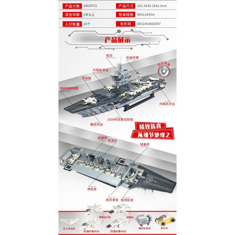 GUDI 8029 non  TÀU SÂN BAY LÁI MÁY bộ đồ chơi xếp lắp ráp ghép mô hình Military Army AIRCRAFT CARRIER CHINA NUCLEAR-POWERED Quân Sự Bộ Đội 2862 khối