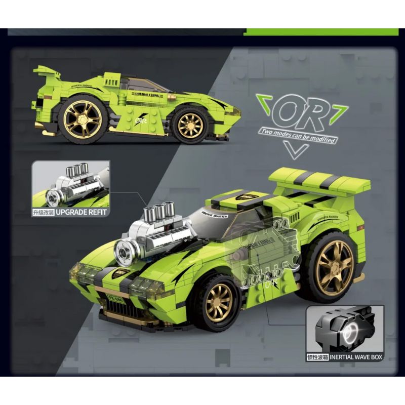 BRICKCOOL KC202 non  VỤ NỔ BLUE WILD BLAST tỷ lệ 1:24 bộ đồ chơi xếp lắp ráp ghép mô hình Racers SOUPED-UP GREEN WILD BLAST Đua Tốc Độ 443 khối