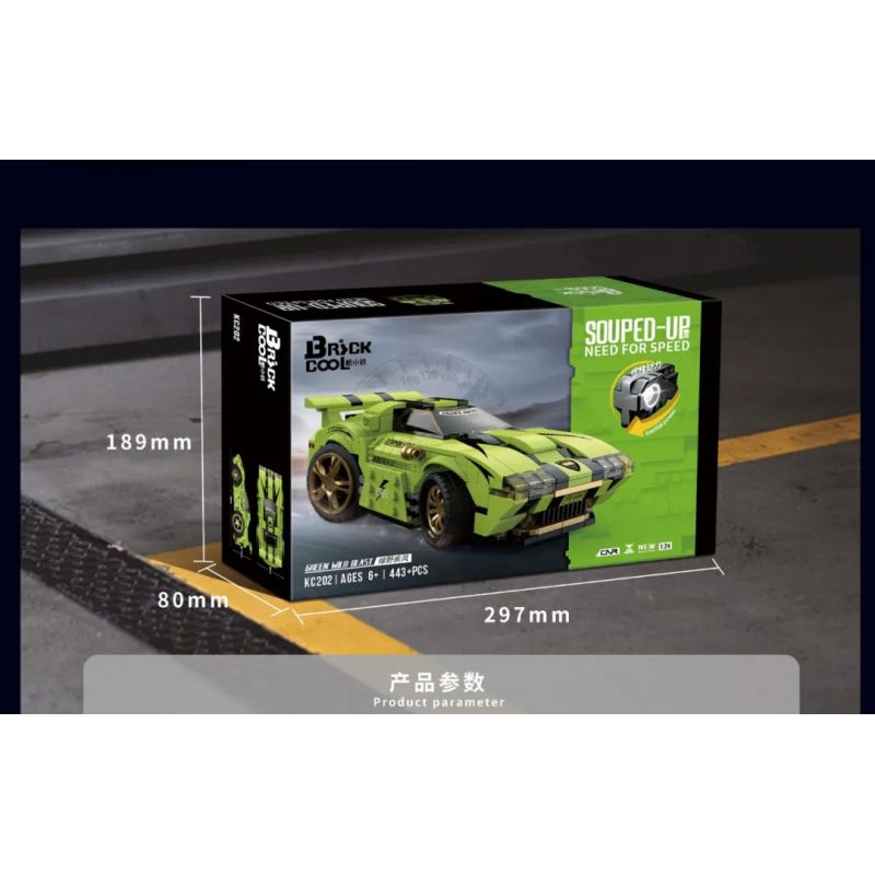 BRICKCOOL KC202 non  VỤ NỔ BLUE WILD BLAST tỷ lệ 1:24 bộ đồ chơi xếp lắp ráp ghép mô hình Racers SOUPED-UP GREEN WILD BLAST Đua Tốc Độ 443 khối