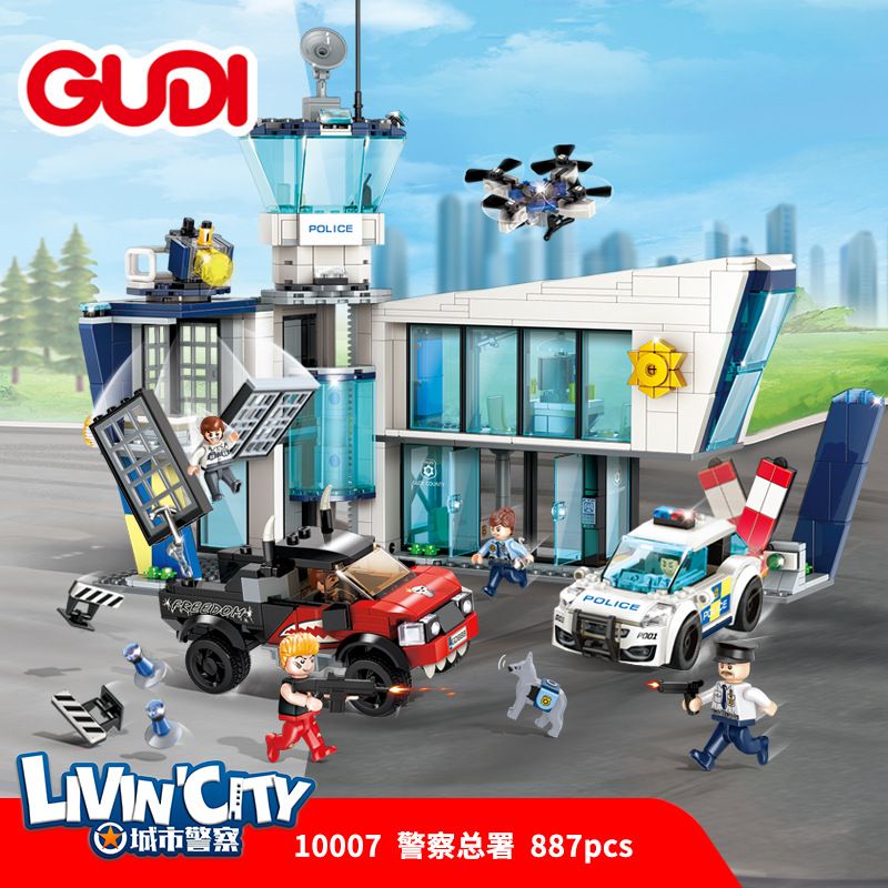 GUDI 10007 non  TRỤ SỞ CẢNH SÁT bộ đồ chơi xếp lắp ráp ghép mô hình Police LIVIN'CITY POLICE HEADQUARTERS 887 khối