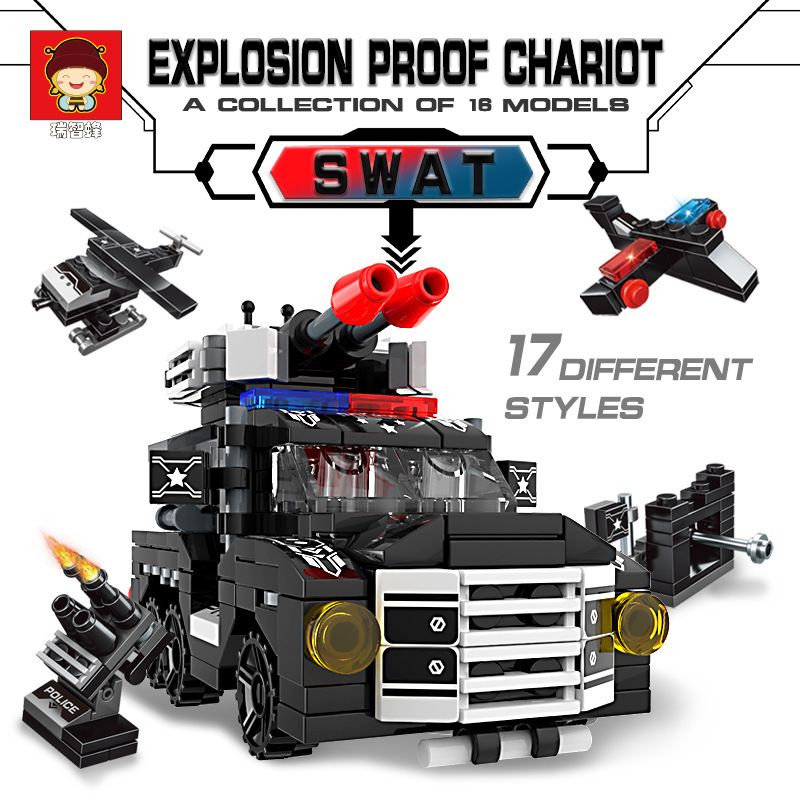 RUIZHI BEE 11043 non  XE CHỐNG CHÁY NỔ ĐẶC BIỆT 16 KẾT HỢP bộ đồ chơi xếp lắp ráp ghép mô hình CITY SWAT 499 khối