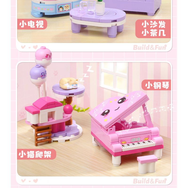 Enlighten 35016 Qman 35016 non  NUAN LIFE BLIND BOX 10 MẪU KHUNG LEO CHO MÈO BÀN TRANG ĐIỂM ĐÀN PIANO NHỎ GHẾ SOFA TV CHĂN TỦ LẠNH CON LĂN MÁY NƯỚNG BÁNH MÌ BỒN TẮM bộ đồ chơi xếp lắp ráp ghép mô hình Tastingbrick BUILD&FUN