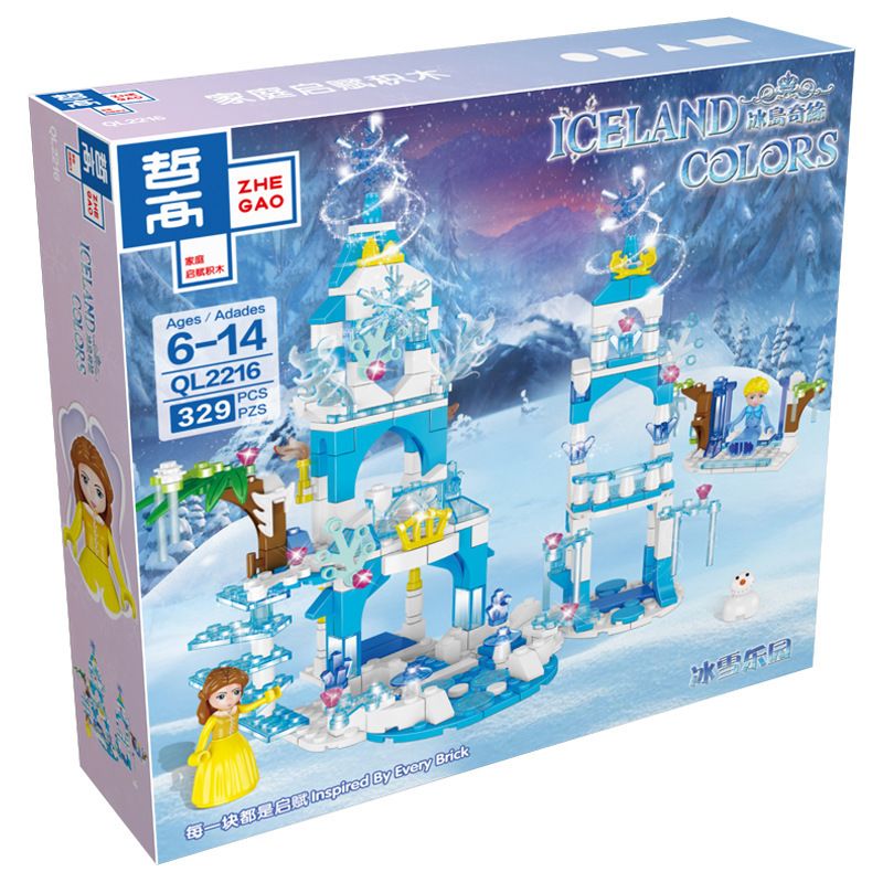 ZHEGAO QL2216 2216 non Lego THIÊN ĐƯỜNG TUYẾT bộ đồ chơi xếp lắp ráp ghép mô hình Frozen ICELAND COLORS Nữ Hoàng Băng Giá 329 khối