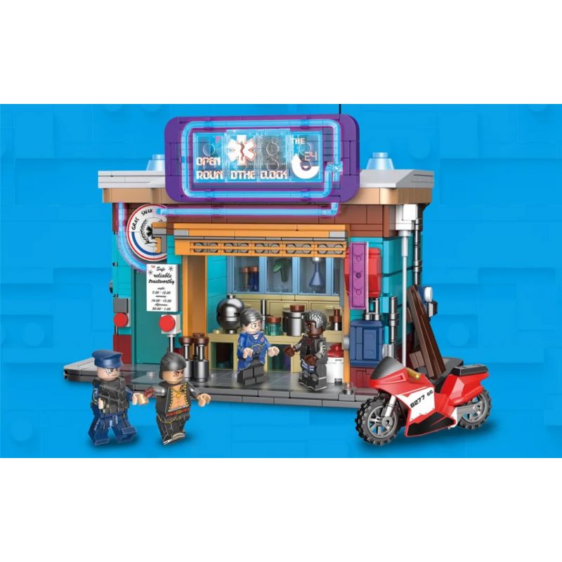 BRICKCOOL KS004 non  TIỆM THUỐC bộ đồ chơi xếp lắp ráp ghép mô hình CYBER STREET CORNER 1270 khối