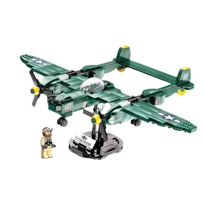 JAKI JK9160 9160 non Lego MÁY BAY CHIẾN ĐẤU CỔ ĐIỂN P-38 THUNDERBOLT WWII bộ đồ chơi xếp lắp ráp ghép mô hình MILITARY ZONE P-38 THUNDER FIGHTER 502 khối