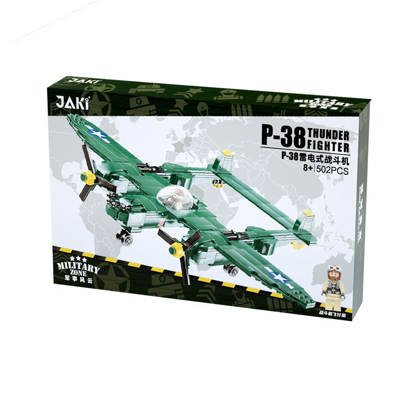 JAKI JK9160 9160 non  MÁY BAY CHIẾN ĐẤU CỔ ĐIỂN P-38 THUNDERBOLT WWII bộ đồ chơi xếp lắp ráp ghép mô hình MILITARY ZONE P-38 THUNDER FIGHTER 502 khối