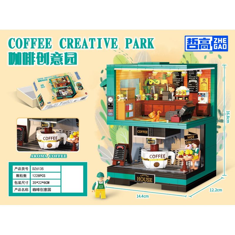 ZHEGAO DZ6135 6135 non  CÔNG VIÊN CÀ PHÊ SÁNG TẠO bộ đồ chơi xếp lắp ráp ghép mô hình Creator COFFEE CREATIVE PARK 1228 khối
