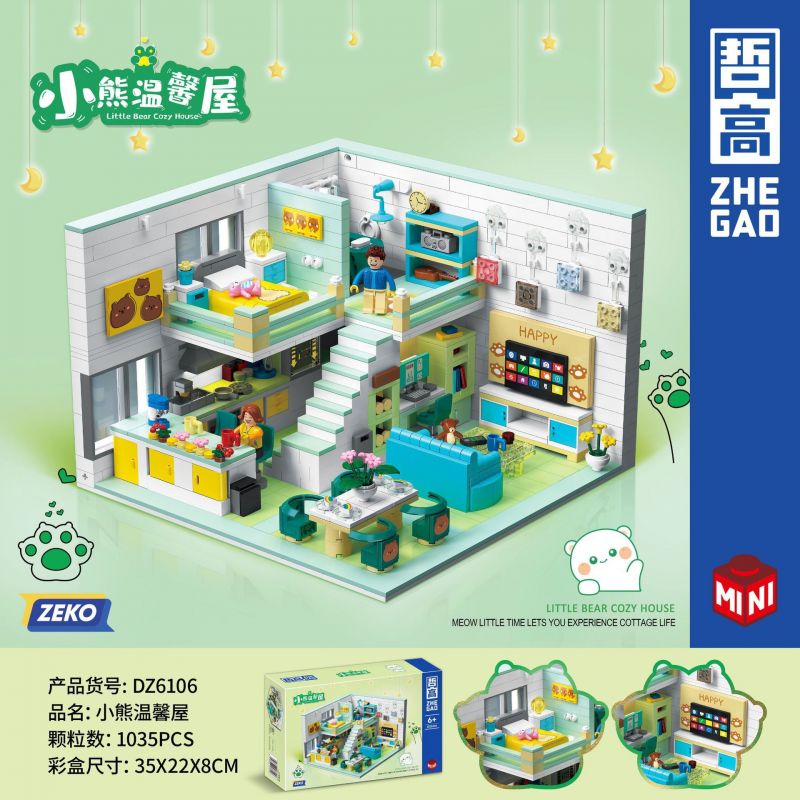 ZHEGAO DZ6106 6106 non  BEAR COZY HOUSE LOFT CĂN HỘ DUPLEX bộ đồ chơi xếp lắp ráp ghép mô hình 1035 khối