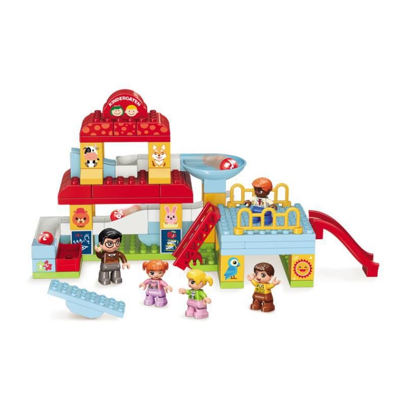 Enlighten 5104 Qman 5104 non  TRƯỜNG MẦM NON HẠNH PHÚC bộ đồ chơi xếp lắp ráp ghép mô hình 92 khối