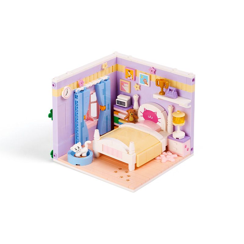 WEKKI 506112 non Lego MÚT PHÒNG NGỦ MÈO bộ đồ chơi xếp lắp ráp ghép mô hình ONE ROOM KITTY'S BEDROOM 422 khối