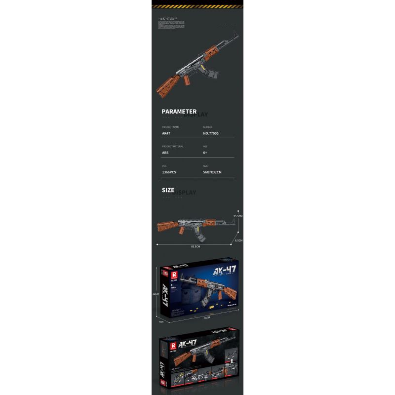 REOBRIX 77005 non  SÚNG TRƯỜNG TẤN CÔNG AK-47 bộ đồ chơi xếp lắp ráp ghép mô hình Gun AK-47 ASSAULT RIFLE 1366 khối