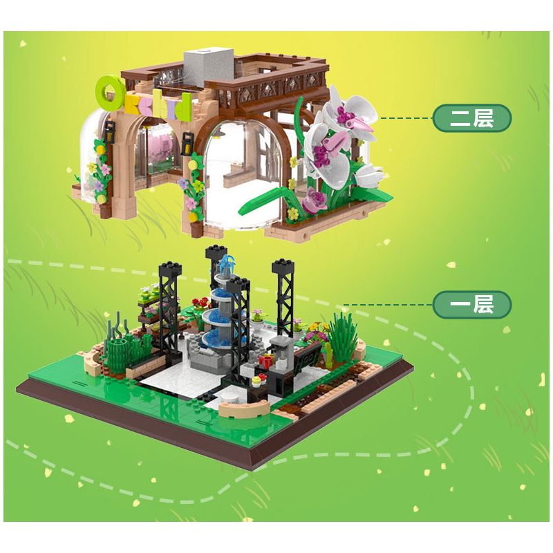 ZHEGAO 00419 non  NHÀ PHONG LAN bộ đồ chơi xếp lắp ráp ghép mô hình Modular Buildings ORCHID GREEN HOUSE Mô Hình Nhà Cửa 2183 khối