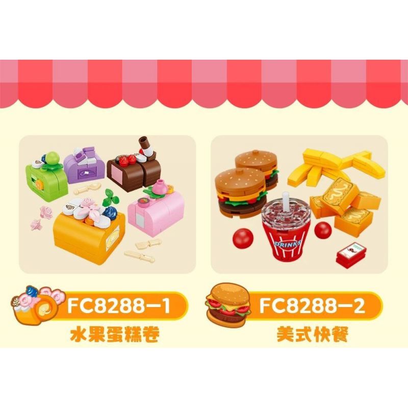 FORANGE FC8288 8288 non  BỘ SƯU TẬP MINI 6 HỘP CƠM TRƯA BÁNH TRÁI CÂY CUỘN ĐỒ ĂN NHANH KIỂU MỸ SUSHI BĂNG CHUYỀN MÌ NƯỚNG MỚI HẠNH NHÂN TẦNG bộ đồ chơi xếp lắp ráp ghép mô hình 843 khối