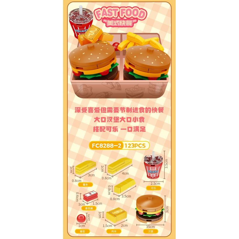 FORANGE FC8288 8288 non  BỘ SƯU TẬP MINI 6 HỘP CƠM TRƯA BÁNH TRÁI CÂY CUỘN ĐỒ ĂN NHANH KIỂU MỸ SUSHI BĂNG CHUYỀN MÌ NƯỚNG MỚI HẠNH NHÂN TẦNG bộ đồ chơi xếp lắp ráp ghép mô hình 843 khối