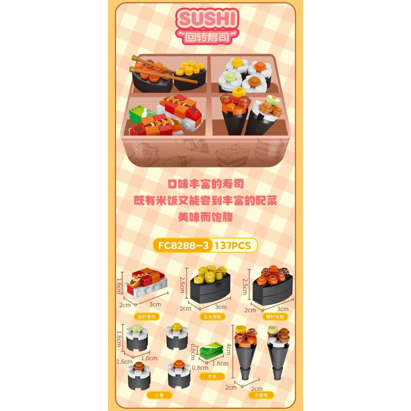 FORANGE FC8288 8288 non  BỘ SƯU TẬP MINI 6 HỘP CƠM TRƯA BÁNH TRÁI CÂY CUỘN ĐỒ ĂN NHANH KIỂU MỸ SUSHI BĂNG CHUYỀN MÌ NƯỚNG MỚI HẠNH NHÂN TẦNG bộ đồ chơi xếp lắp ráp ghép mô hình 843 khối