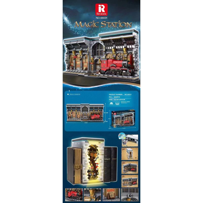 REOBRIX 66031 non  NHÀ GA XE LỬA MA THUẬT BOOKEND bộ đồ chơi xếp lắp ráp ghép mô hình Harry Potter MAGIC STATION Chú Bé Phù Thủy 3060 khối