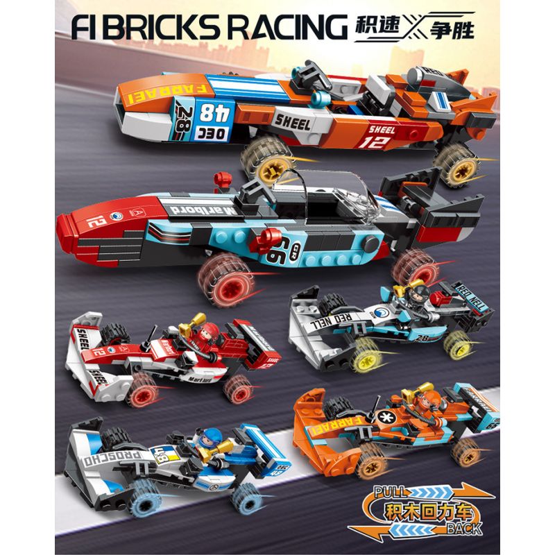 MINGDI LEIBAO 10079 non  HUYỀN THOẠI XE ĐUA F1 KÉO LÙI 4IN2 bộ đồ chơi xếp lắp ráp ghép mô hình 649 khối