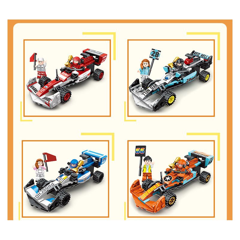 MINGDI LEIBAO 10079 non  HUYỀN THOẠI XE ĐUA F1 KÉO LÙI 4IN2 bộ đồ chơi xếp lắp ráp ghép mô hình 649 khối