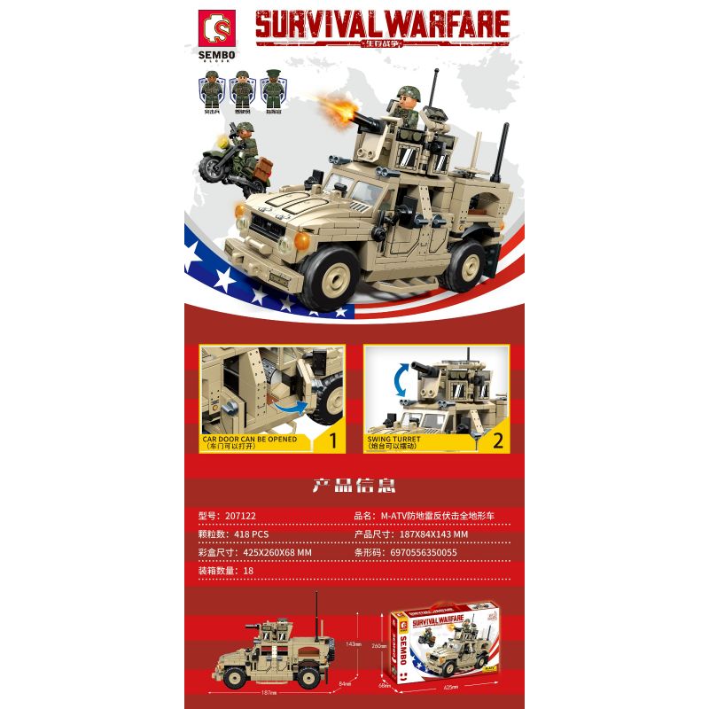 SEMBO 207122 non  XE ĐỊA HÌNH CHỐNG MÌN PHỤC KÍCH M-ATV bộ đồ chơi xếp lắp ráp ghép mô hình Military Army SURVIVAL WARFARE Quân Sự Bộ Đội 418 khối