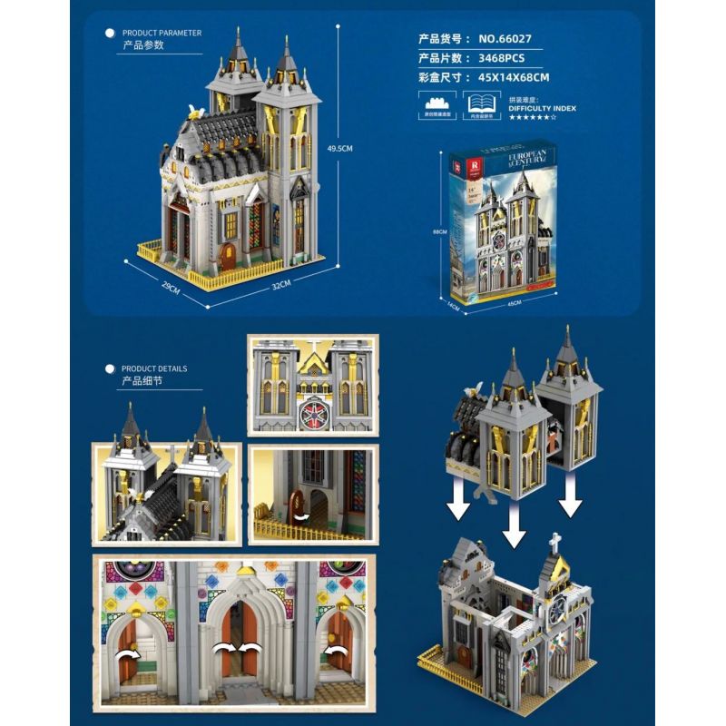 REOBRIX 66027 non  NHÀ THỜ bộ đồ chơi xếp lắp ráp ghép mô hình EUROPEAN CENTURY CHURCHES 3468 khối