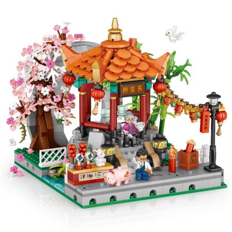 LOZ 1923 non  LỄ HỘI ĐÈN LỒNG FOUR CORNER PAVILION bộ đồ chơi xếp lắp ráp ghép mô hình Chinese Traditional Festivals Lễ Hội Cổ Truyền 910 khối
