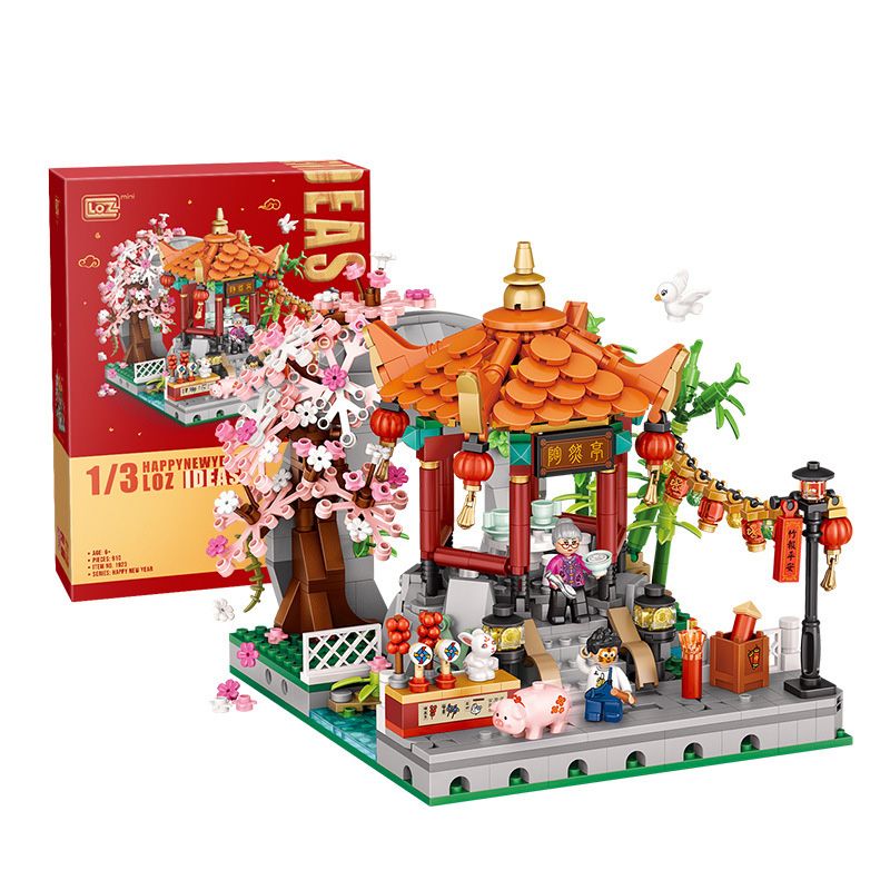LOZ 1923 non  LỄ HỘI ĐÈN LỒNG FOUR CORNER PAVILION bộ đồ chơi xếp lắp ráp ghép mô hình Chinese Traditional Festivals Lễ Hội Cổ Truyền 910 khối