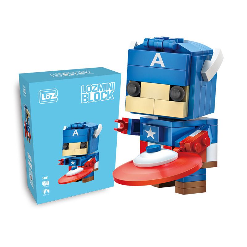 LOZ 1401 non  ĐỘI TRƯỞNG MỸ bộ đồ chơi xếp lắp ráp ghép mô hình Brickheadz CAPTAIN AMERICA Nhân Vật Đầu To 142 khối