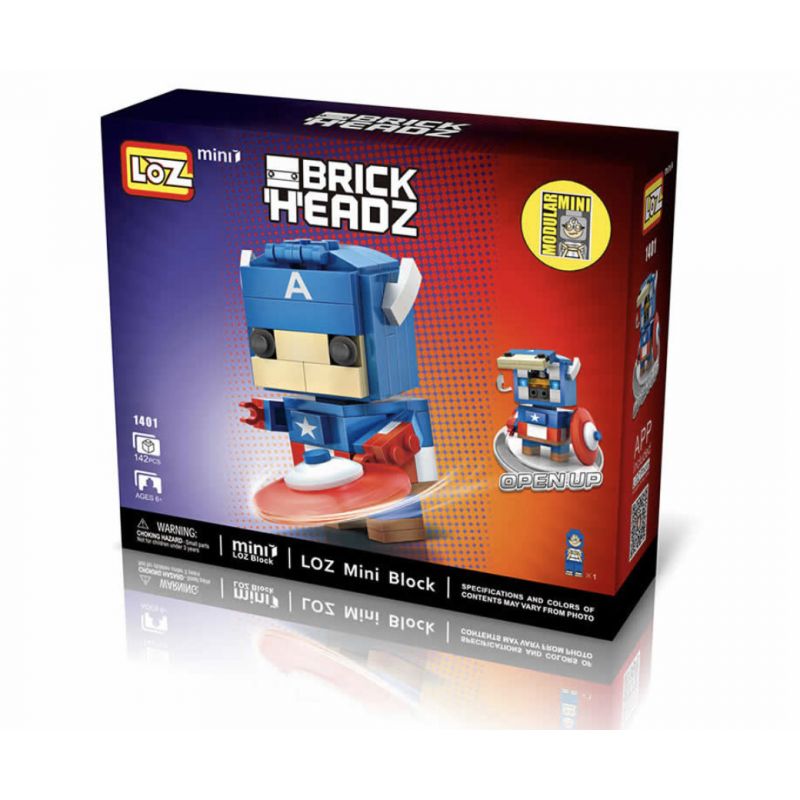LOZ 1401 non  ĐỘI TRƯỞNG MỸ bộ đồ chơi xếp lắp ráp ghép mô hình Brickheadz CAPTAIN AMERICA Nhân Vật Đầu To 142 khối