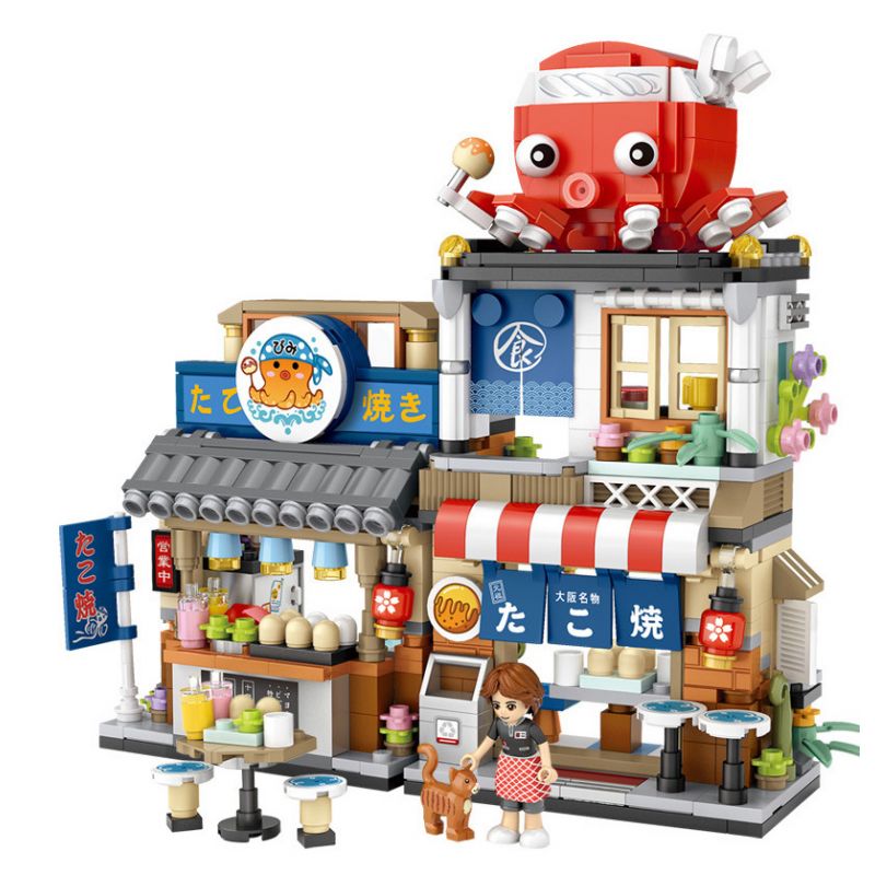 LOZ 1218 non  CỬA HÀNG TAKOYAKI bộ đồ chơi xếp lắp ráp ghép mô hình Creator STREET MINI Sáng Tạo 722 khối