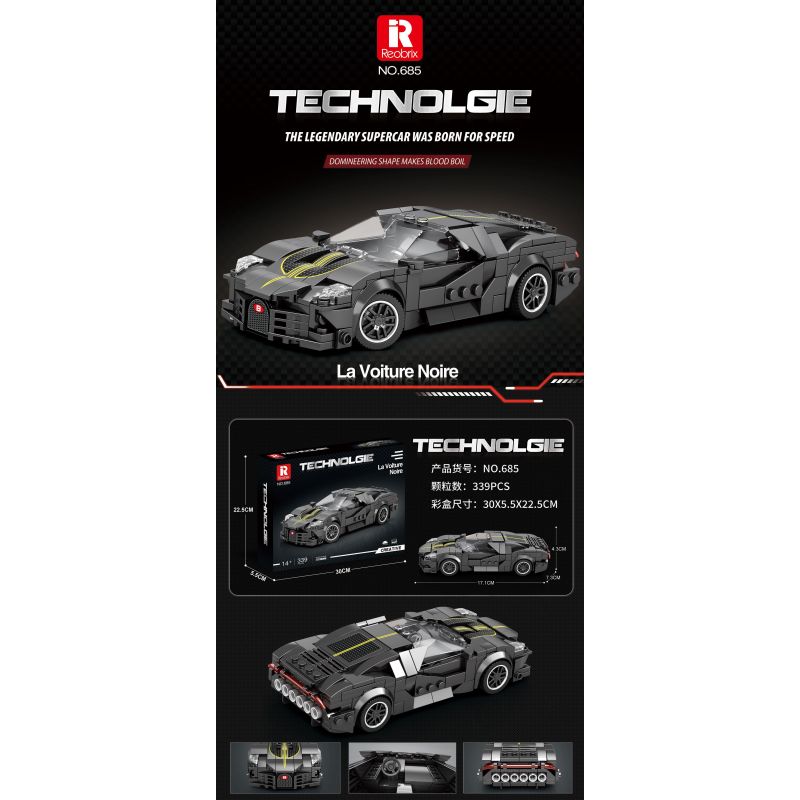 REOBRIX 685 non  BUGATTI CHIẾC XE MÀU ĐEN bộ đồ chơi xếp lắp ráp ghép mô hình Speed Champions Racing Cars BUGATTI LA VOITURE NOIRE Đua Xe Công Thức 339 khối