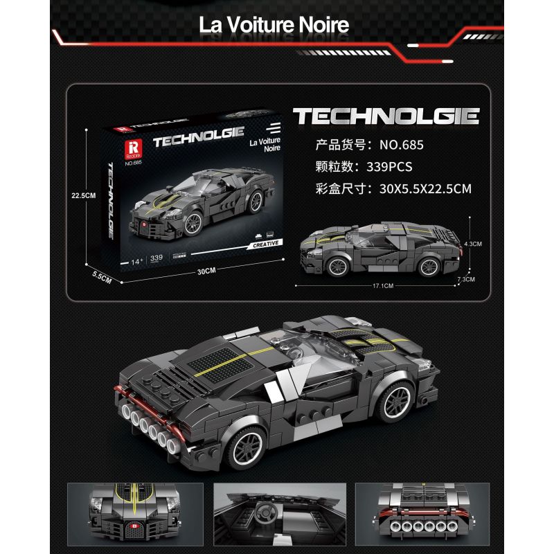 REOBRIX 685 non  BUGATTI CHIẾC XE MÀU ĐEN bộ đồ chơi xếp lắp ráp ghép mô hình Speed Champions Racing Cars BUGATTI LA VOITURE NOIRE Đua Xe Công Thức 339 khối