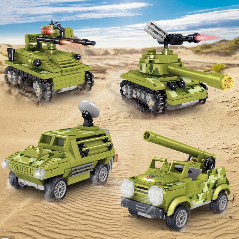 ZHEGAO QL2133 2133 non  MINI LONG GUN TANK 4 KẾT HỢP bộ đồ chơi xếp lắp ráp ghép mô hình Military Army Quân Sự Bộ Đội 654 khối