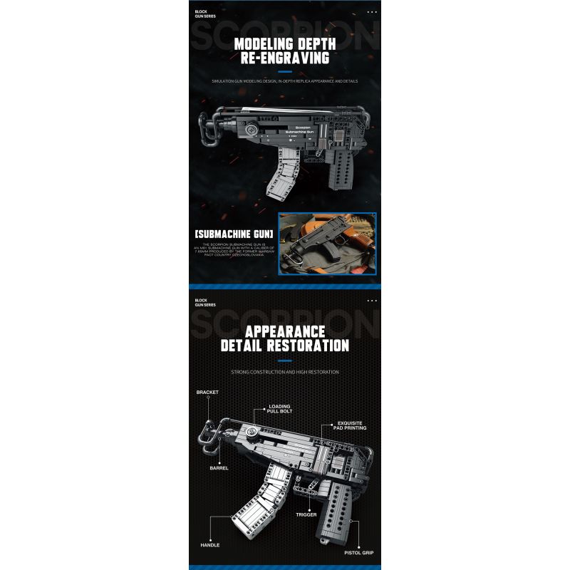 REOBRIX 77029 non  SÚNG TIỂU LIÊN BỌ CẠP bộ đồ chơi xếp lắp ráp ghép mô hình  SCORPION SUBMACHINE GUN Kỹ Thuật Công Nghệ Cao Mô Hình Phương Tiện 566 khối