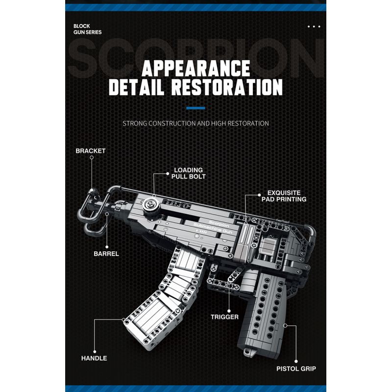 REOBRIX 77029 non  SÚNG TIỂU LIÊN BỌ CẠP bộ đồ chơi xếp lắp ráp ghép mô hình  SCORPION SUBMACHINE GUN Kỹ Thuật Công Nghệ Cao Mô Hình Phương Tiện 566 khối