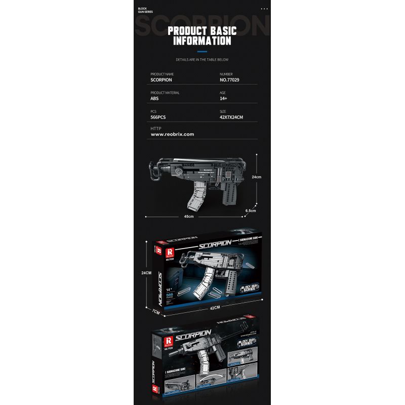 REOBRIX 77029 non  SÚNG TIỂU LIÊN BỌ CẠP bộ đồ chơi xếp lắp ráp ghép mô hình  SCORPION SUBMACHINE GUN Kỹ Thuật Công Nghệ Cao Mô Hình Phương Tiện 566 khối