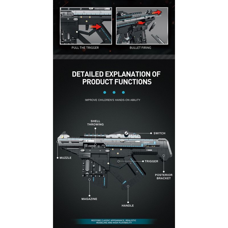 REOBRIX 77007 non  SÚNG NỔ PHÓNG bộ đồ chơi xếp lắp ráp ghép mô hình  EJECTION BURST GUN SUBMACHINE Kỹ Thuật Công Nghệ Cao Mô Hình Phương Tiện 1508 khối