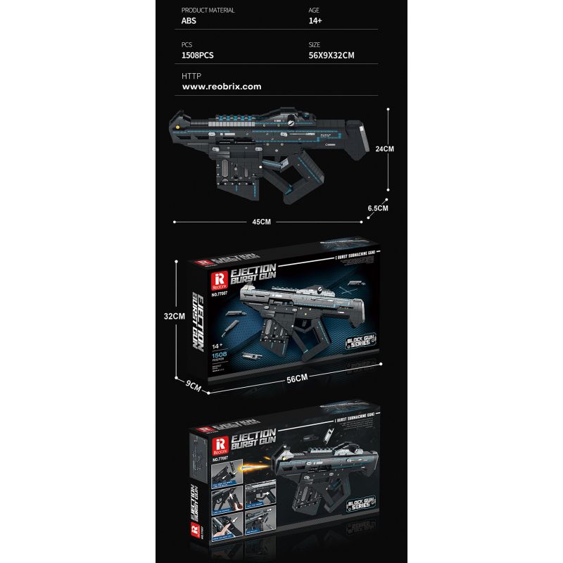 REOBRIX 77007 non  SÚNG NỔ PHÓNG bộ đồ chơi xếp lắp ráp ghép mô hình  EJECTION BURST GUN SUBMACHINE Kỹ Thuật Công Nghệ Cao Mô Hình Phương Tiện 1508 khối