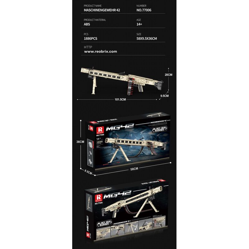 REOBRIX 77006 non  SÚNG MÁY ĐA NĂNG MG-42 bộ đồ chơi xếp lắp ráp ghép mô hình Gun MASCHINENGEWEHR 42 1886 khối