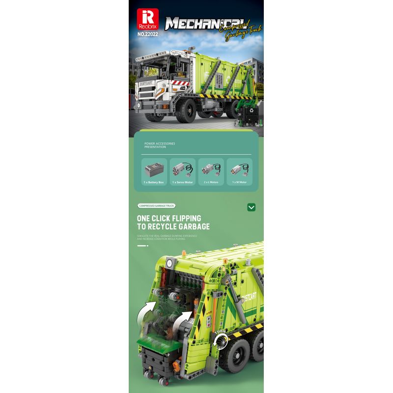 REOBRIX 22022 non  XE RÁC NÉN bộ đồ chơi xếp lắp ráp ghép mô hình  COMPRESSED GARBAGE TRUCK Kỹ Thuật Công Nghệ Cao Mô Hình Phương Tiện 1488 khối