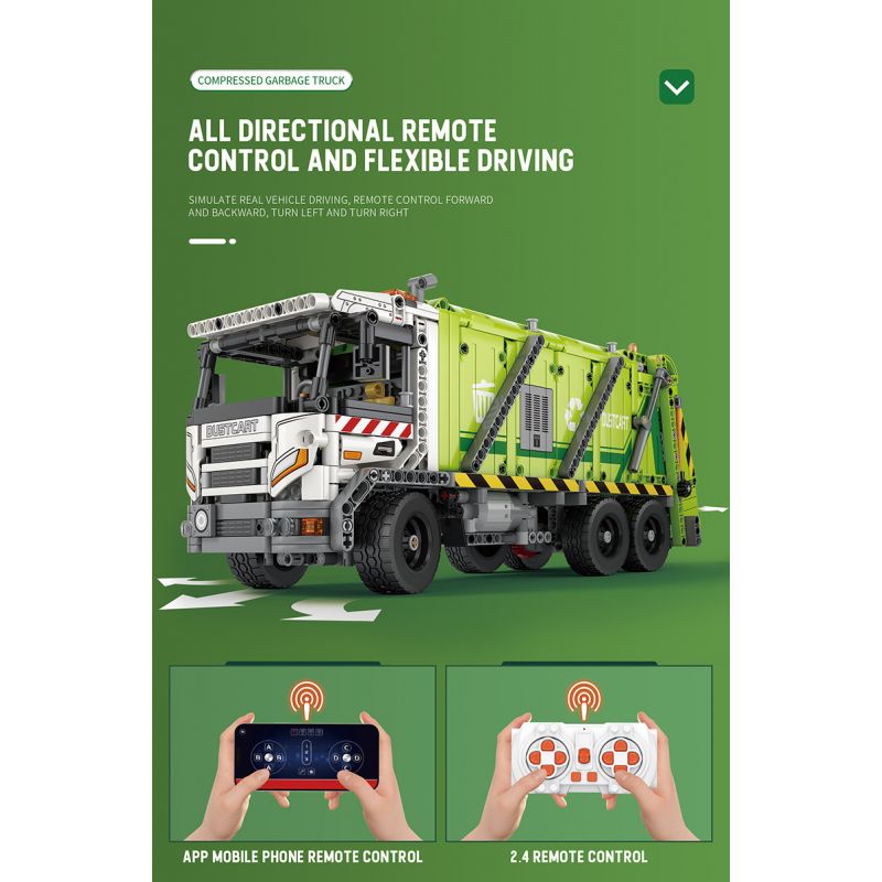 REOBRIX 22022 non  XE RÁC NÉN bộ đồ chơi xếp lắp ráp ghép mô hình  COMPRESSED GARBAGE TRUCK Kỹ Thuật Công Nghệ Cao Mô Hình Phương Tiện 1488 khối