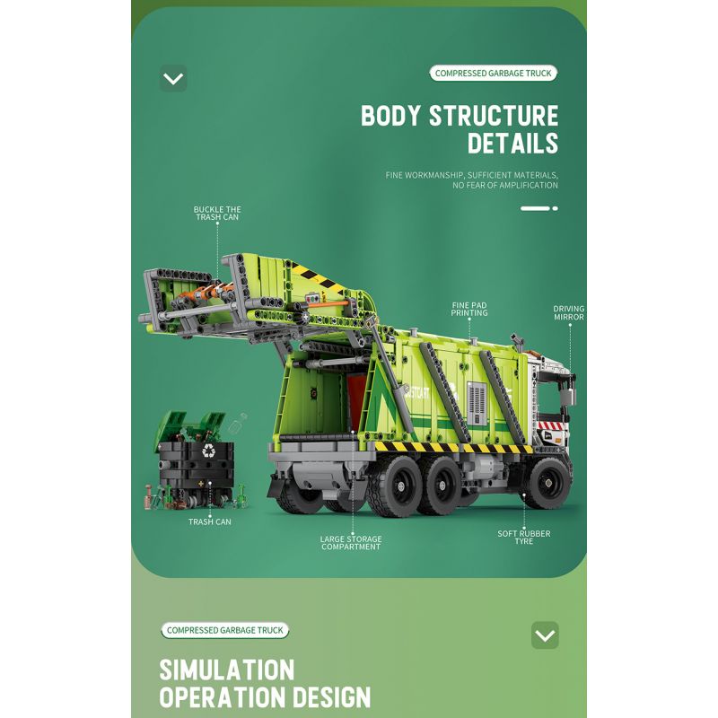 REOBRIX 22022 non  XE RÁC NÉN bộ đồ chơi xếp lắp ráp ghép mô hình  COMPRESSED GARBAGE TRUCK Kỹ Thuật Công Nghệ Cao Mô Hình Phương Tiện 1488 khối