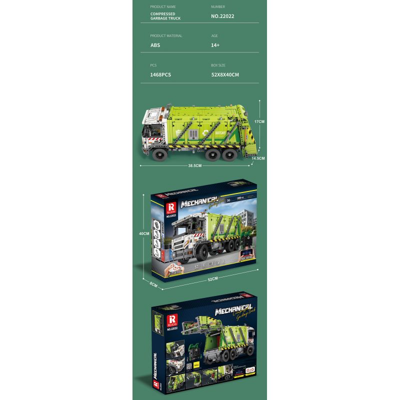 REOBRIX 22022 non  XE RÁC NÉN bộ đồ chơi xếp lắp ráp ghép mô hình  COMPRESSED GARBAGE TRUCK Kỹ Thuật Công Nghệ Cao Mô Hình Phương Tiện 1488 khối