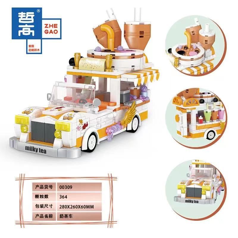ZHEGAO 00309 non  XE BÁN TRÀ SỮA bộ đồ chơi xếp lắp ráp ghép mô hình Creator MILK TEA CAR Sáng Tạo 364 khối