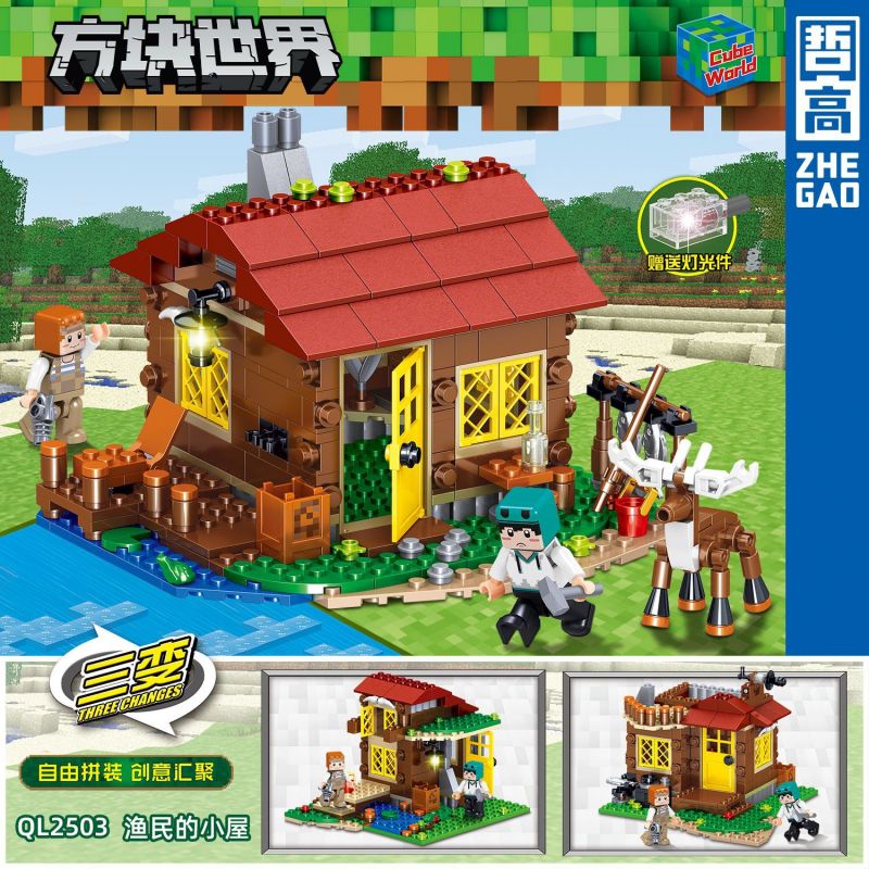 ZHEGAO QL2503 2503 non Lego TÚP LỀU CỦA NGƯ DÂN bộ đồ chơi xếp lắp ráp ghép mô hình Minecraft CUBE WORLD Game Xây Dựng 399 khối